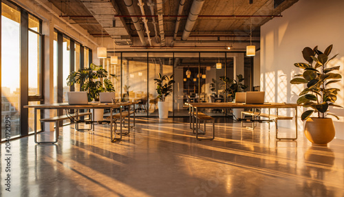 Empty Open Plan Modern Office Warm Afternoon Golden Light Interior Bac