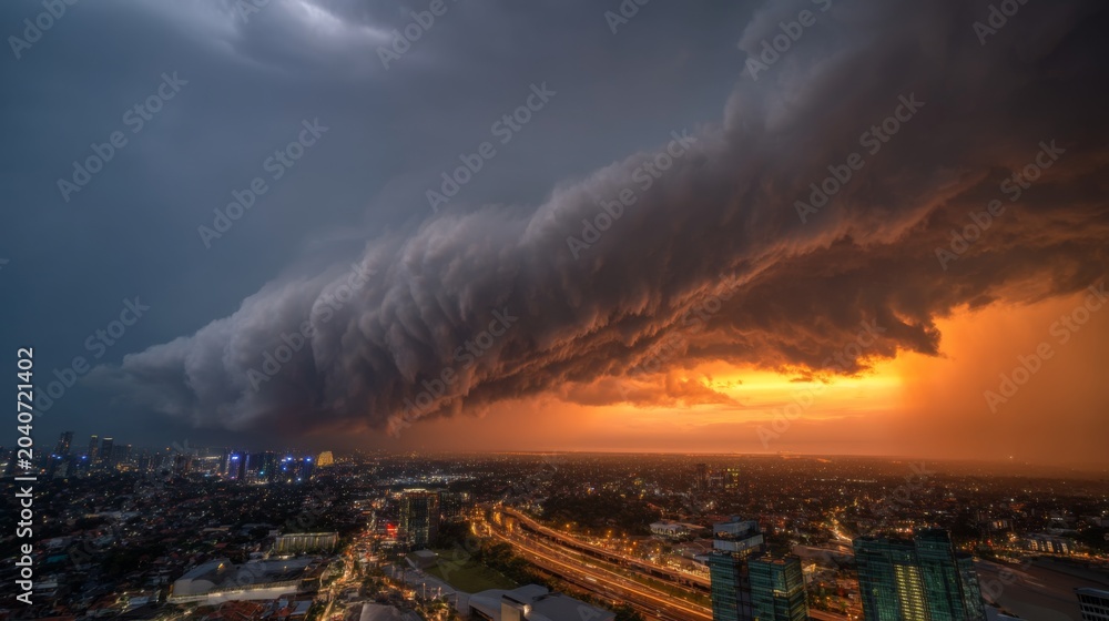 Fototapeta premium Dramatic Storm Clouds Over Cityscape at Dusk with Vibrant Sunset and Ominous Weather Features in Urban Environment