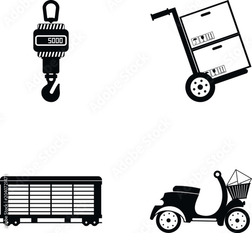 Delivery icons showing heavy load scale, hand truck, freight car, and delivery scooter