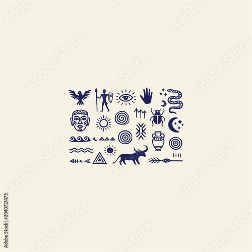 Ancient tribal symbols and mystical ethnic icons vector set, primitive cave painting illustrations, navy blue esoteric occult signs on beige