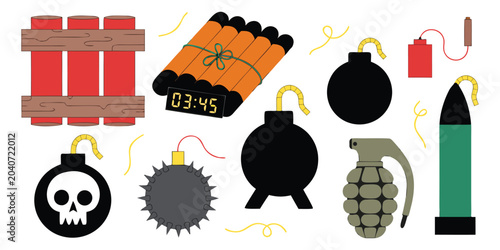 Photos Explosive Weapons Vector Set, Dynamite Bombs, Grenades, Landmine, Cannonball, Skull Bomb, Military Ammunition and Detonation Icons Cartoon Illustration