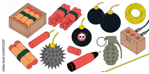 Photos Military Bombs and Explosive Weapons Collection Vector Illustration Set, Cartoon Dynamite , Time Bomb, Grenade, Landmine, Cannonball, Skull Bomb and Ammunition Icons Isolated on White Background
