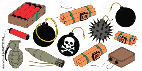 Fotografía Military Bombs and Explosive Weapons Collection Vector Illustration Set, Cartoon Dynamite , Time Bomb, Grenade, Landmine, Cannonball, Skull Bomb and Ammunition Icons Isolated on White Background