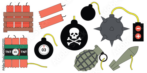 Obraz na płótnie Explosive Weapons Vector Set, Dynamite Bombs, Grenades, Landmine, Cannonball, Skull Bomb, Military Ammunition and Detonation Icons Cartoon Illustration