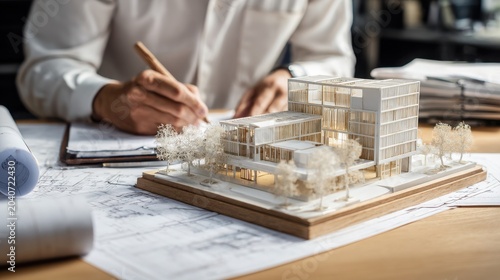 Architect working on building blueprint model