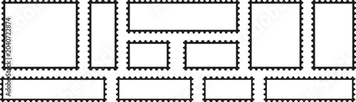 Black postage stamp outline border, empty stamps set. 
Postage icon. vector illustration,