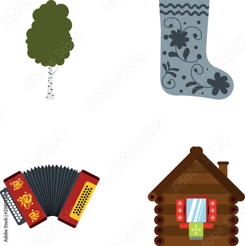 Photos Four traditional russian cultural elements including a birch tree, valenki, acco