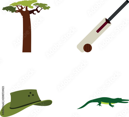 Australian themed icons including a baobab tree, cricket bat, crocodile, and felt hat