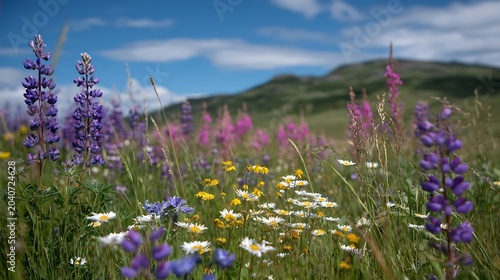 Vibrant wildflowers bloom in a sunlit meadow with rolling hills and blue sky.