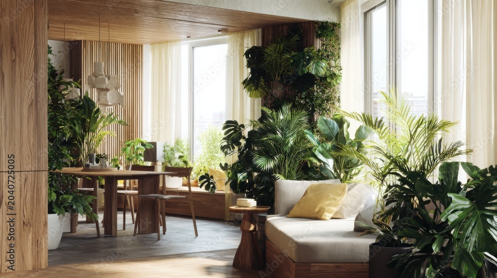 Fototapeta premium cozy modern apartment filled with green plants, biophilic interior design, soft natural light, wooden textures, calm atmosphere, realistic lifestyle