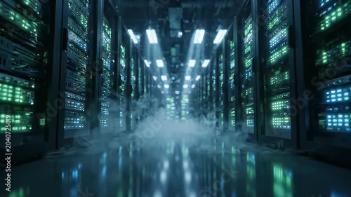 Dark Modern Server Room Interior With Blue Green Light Rays And Fog Creating Dramatic High Tech Atmosphere
