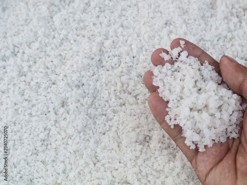 Konstfotografi Close-up shot of a person's hand holding a handful of coarse, white, raw sea sal