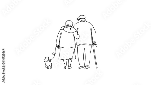 Continuous line drawing of an elderly couple walking their small dog.