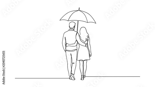 Foto Continuous line drawing of a loving couple walking together under an umbrella