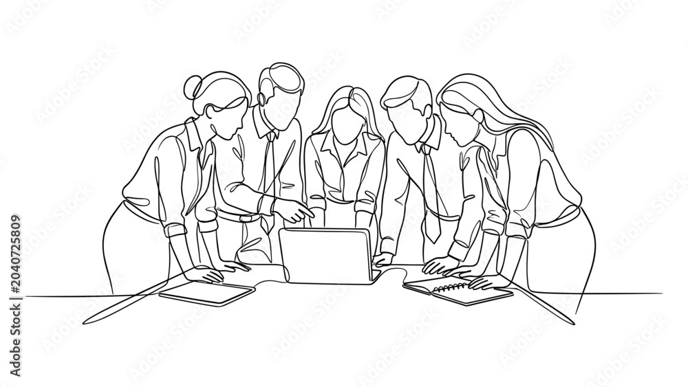 Obraz premium Continuous line drawing of a diverse professional business team collaborating on a laptop project.