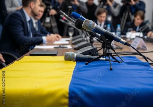 Ukraine flag on table with microphones during international press conference