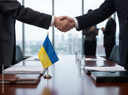 Ukraine flag and handshake over conference table with official documents