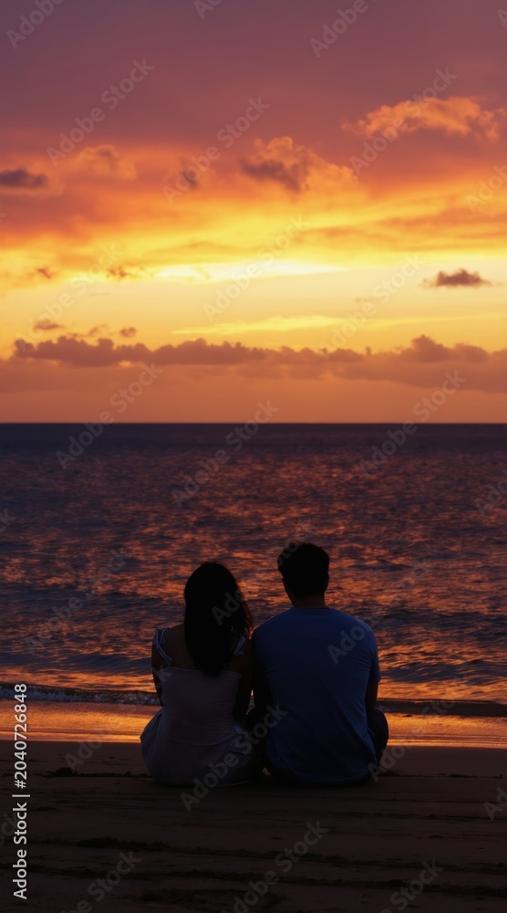 Fototapeta premium Couple sits on beach watching vibrant sunset over ocean. Waves gently lap shore as sky glows with orange and yellow hues. Peaceful moment shared by two people.
