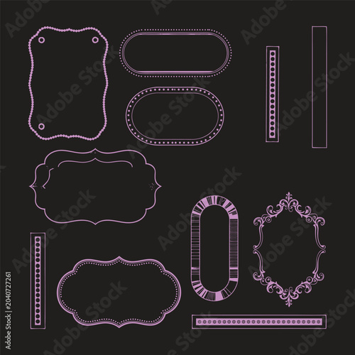 Ornate frame silhouettes pink lines on black background