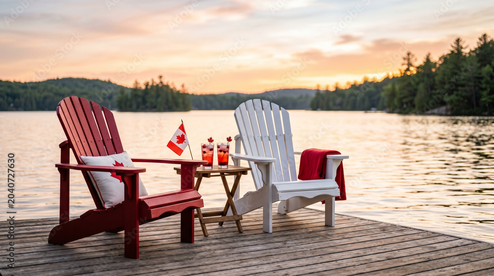 Fototapeta premium Red and white Muskoka chairs by the lake at sunset for Canada Day 