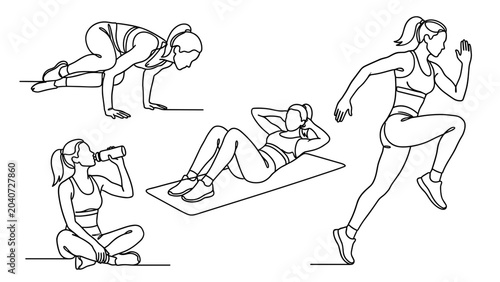 Schilderij op canvas Set of hand drawn fitness women exercising and training.