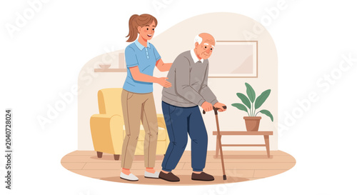 Caregiver helping elderly man with cane walk at home