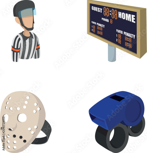 Photography Collecting essential elements for an ice hockey game including a referee, scoreb
