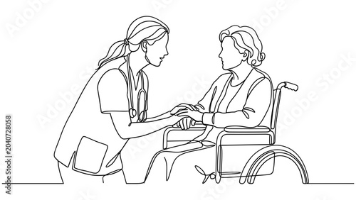 Cuadro en lienzo Continuous one line drawing of a nurse caring for an elderly woman in a wheelchair