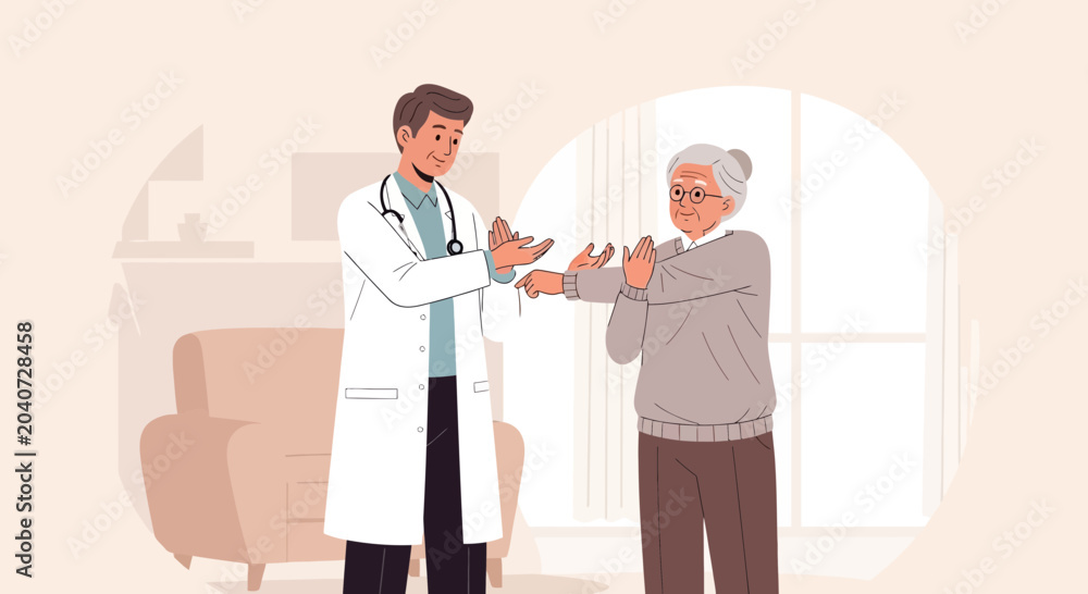 Fototapeta premium Doctor examining elderly patient's hands in clinic, healthcare consultation illustration