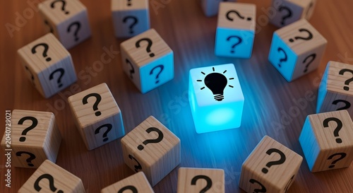 Light bulb idea cube glowing among question mark blocks