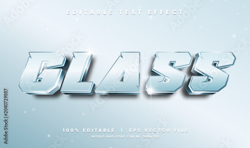 Editable glass 3d text effect template with glossy light blue metallic letters and shiny reflections