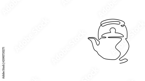 Animated self drawing of continuous line draw of   Teapot Cup and Tea Bag. Time to drink tea.   Full length one line animation. 4K	