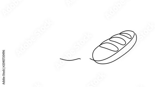 Animated self drawing of continuous line draw of  Bakery Goods Wheat Pretzel and Bread.  Full length one line animation. 4K	