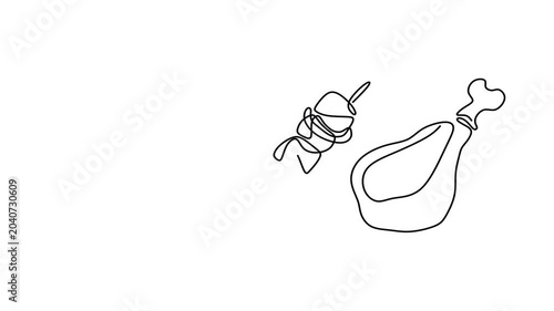 Animated self drawing of continuous line draw of Chicken Skewer and Drumstick A Line Art Food.     Full length one line animation. 4K	