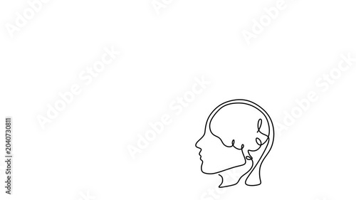 Animated self drawing of continuous line draw of   Human Head with Question Mark, Exclamation Point. Man Confused .   Full length one line animation. 4K	