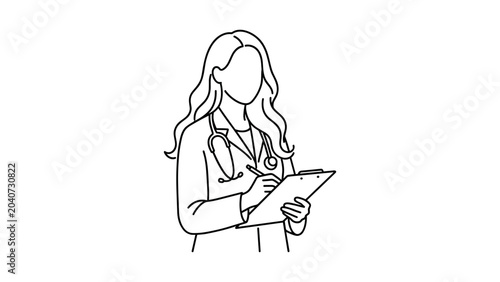 Foto Line drawing of a female doctor writing on a medical clipboard.