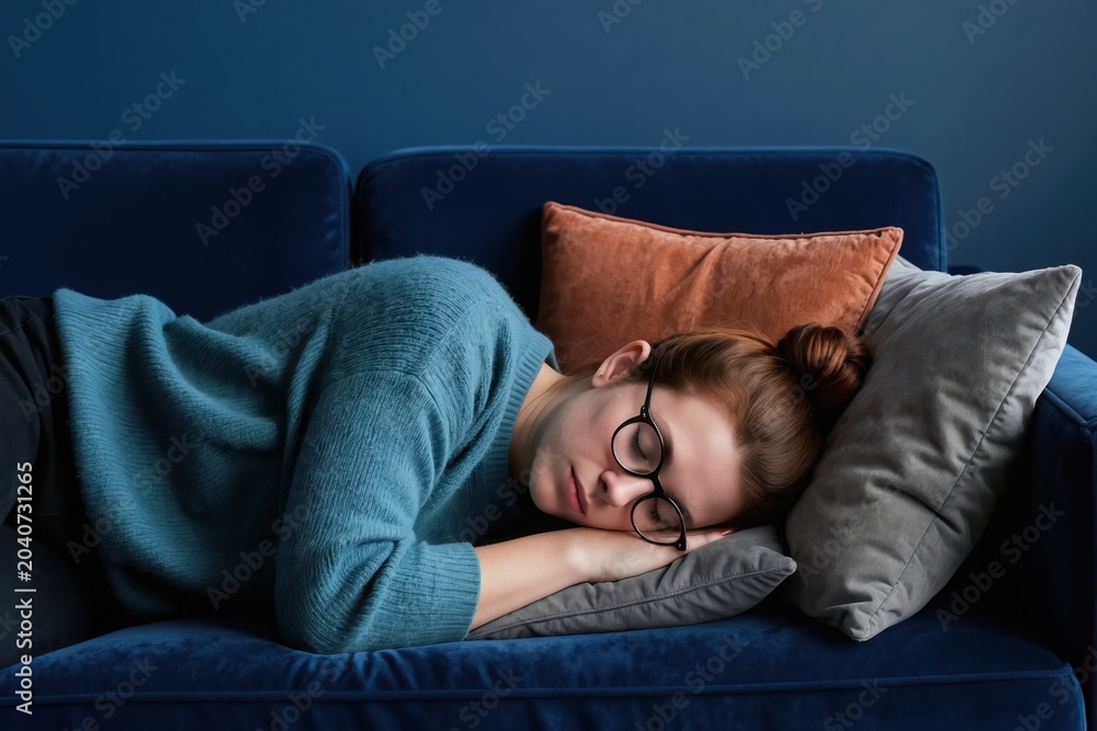 Fototapeta premium Young woman with glasses slepic deeply on a blue couch. She rests her head on a pillow, eyes closed, wearing a cozy sweater. Relaxed indoor scene, peaceful nap.