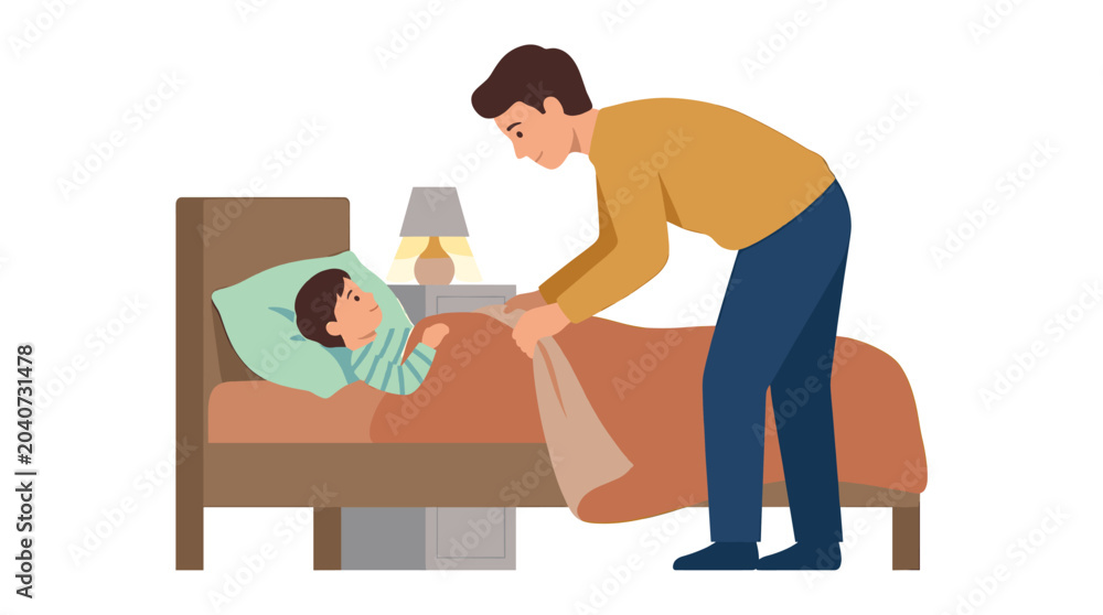 Fototapeta premium Father tucking in his child into bed at night with a bedside lamp on