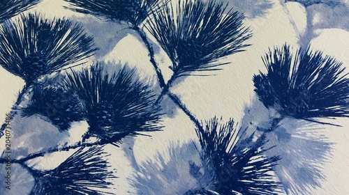 Abstract blue and white illustration featuring detailed pine branches with sharp needle-like foliage against a textured background, emphasizing natural forms and patterns