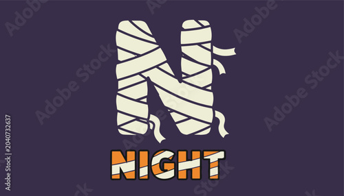 Creative letter N designed in a mummy style with bandages for the word night on a dark purple background for Halloween themes.