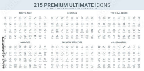 Schilderij op canvas Molecular structure and cell, genetics, engineering and technical design, teamwork line icon set