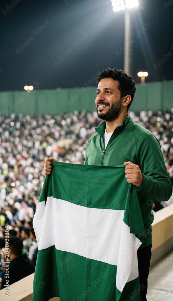 Fototapeta premium Football fan celebrating with green and white flag at stadium