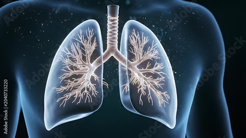 Medical Animation Of Human Lungs With Bronchi And Alveoli Floating Dust Particles In A Transparent Chest Cavity On A Dark Background