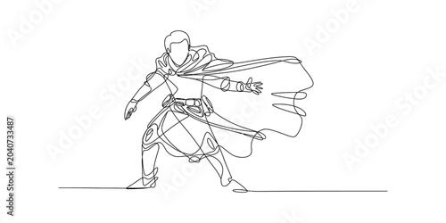 Fantasy warrior in armor with cape, one line drawing, dynamic pose