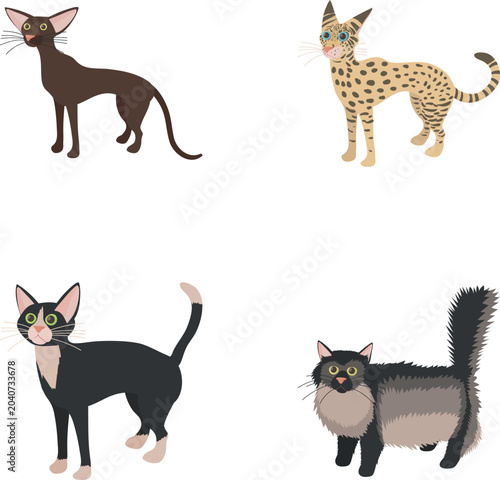 Foto Various cartoon cats displaying diverse fur patterns, body shapes, and coat leng