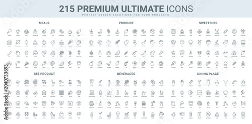 Foto Bee honey, sugar and sweetener, vegetable and fruit line icon set