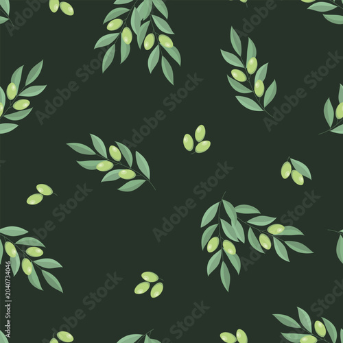 Seamless pattern with olive branches on dark green background. Greek symbol of longevity and prosperity. Vector illustration for wrapping paper, fabric, decoration.