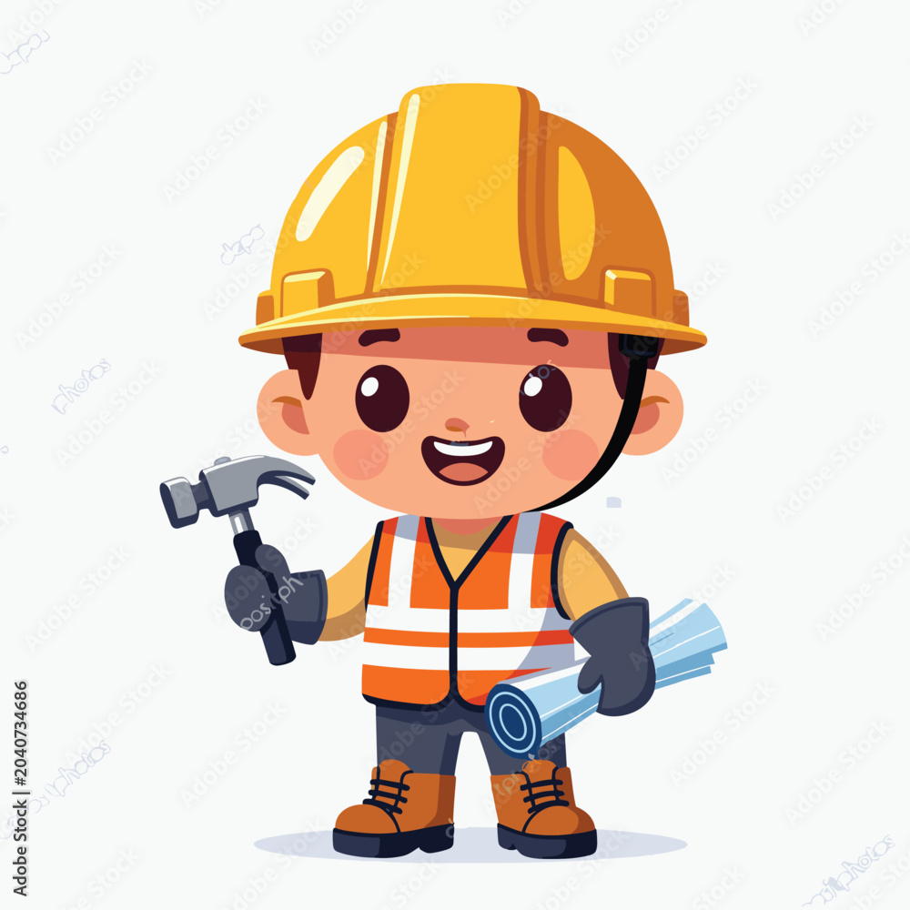 Fototapeta premium Cute chibi construction worker holding a hammer and blueprint, ready for work