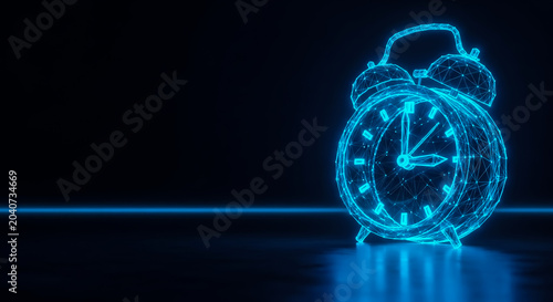 Futuristic neon alarm clock with glowing blue light, set against a sleek, dark backdrop, showcasing modern design.