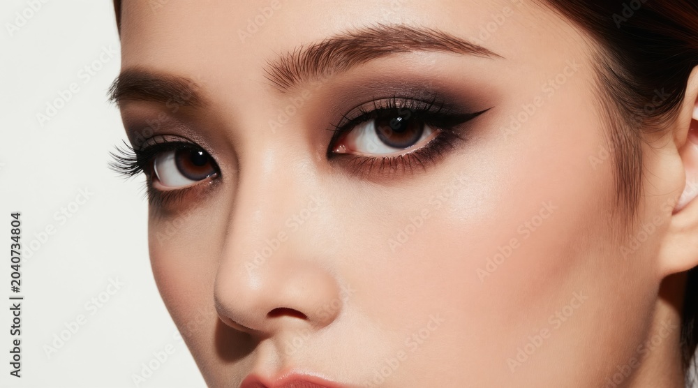 Fototapeta premium Woman with dark smokey eye makeup and winged eyeliner. Close view of face highlights cheekbones and eyelashes. Natural skin tone and defined eyebrows.